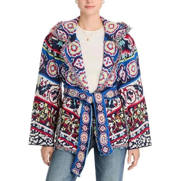 Farm Rio Ainika Tiles Knit Wide Collar Cardigan Sweater Women's Size XS Multi - Picture 1 of 5